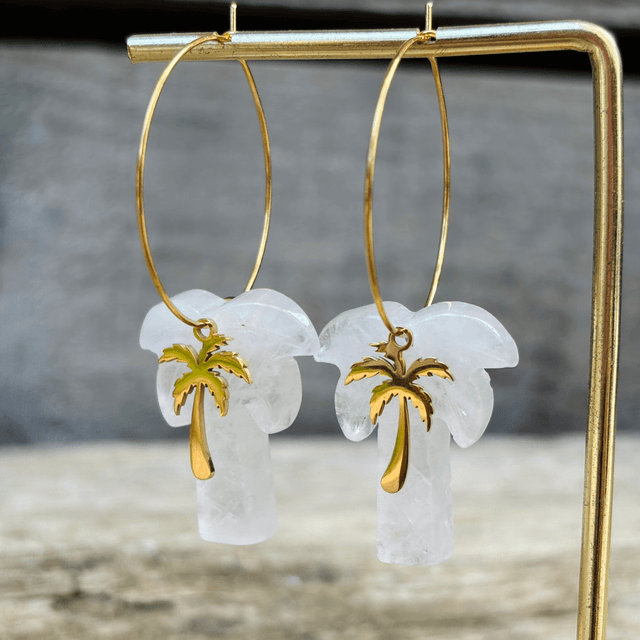 Boucles d’oreilles Créoles Palmiers Quartz Blanc