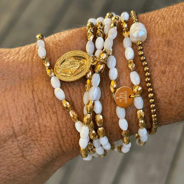 Bracelet 6 tours et Collier Médaille Miraculeuse - Nacre blanche