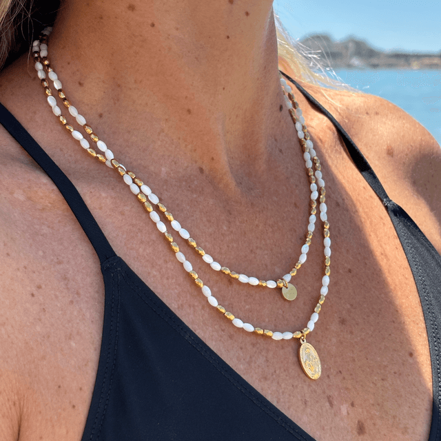 Bracelet 6 tours et Collier Médaille Miraculeuse - Nacre blanche