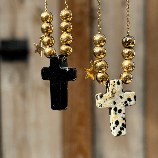 Sautoir Cross en pierre naturelle Jaspe dalmatien