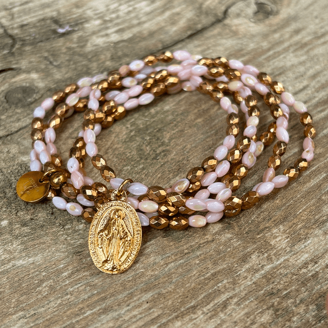 Bracelet 6 tours et Collier Médaille Miraculeuse - Nacre rose