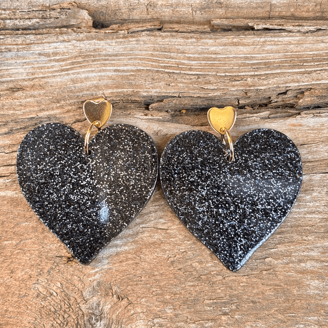 Boucles d’oreilles cœur pailleté noir - GM