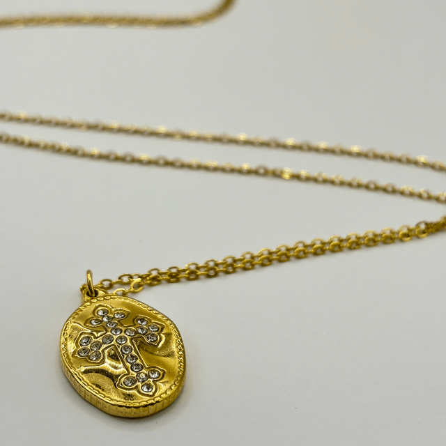 Sautoir médaille croix strass blancs