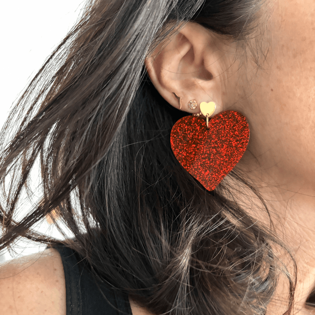 Boucles d’oreilles cœur pailleté rouge - GM