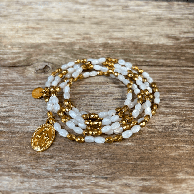 Bracelet 6 tours et Collier Médaille Miraculeuse - Nacre blanche