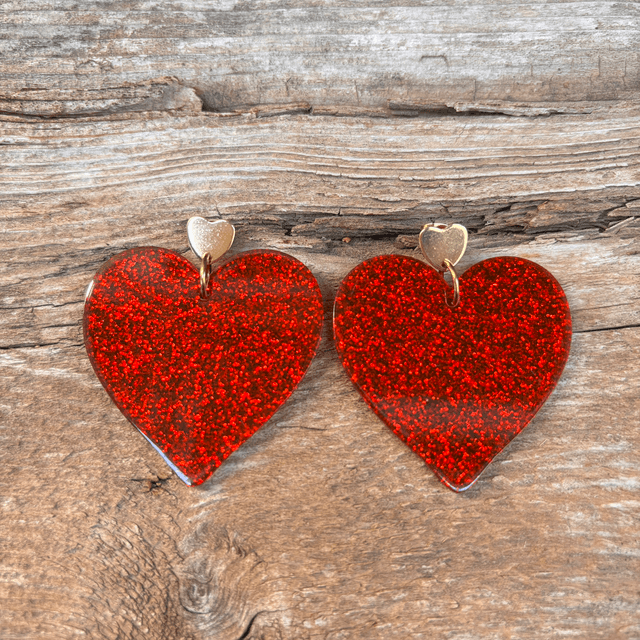Boucles d’oreilles cœur pailleté rouge - GM
