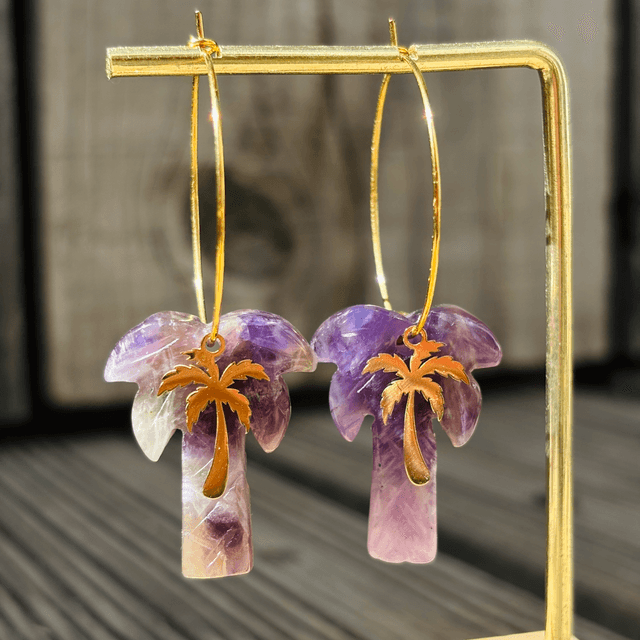 Boucles d’oreilles Créoles Palmiers Améthyste 
