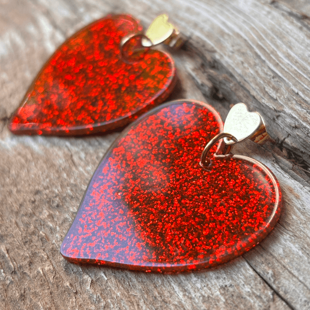Boucles d’oreilles cœur pailleté rouge - GM