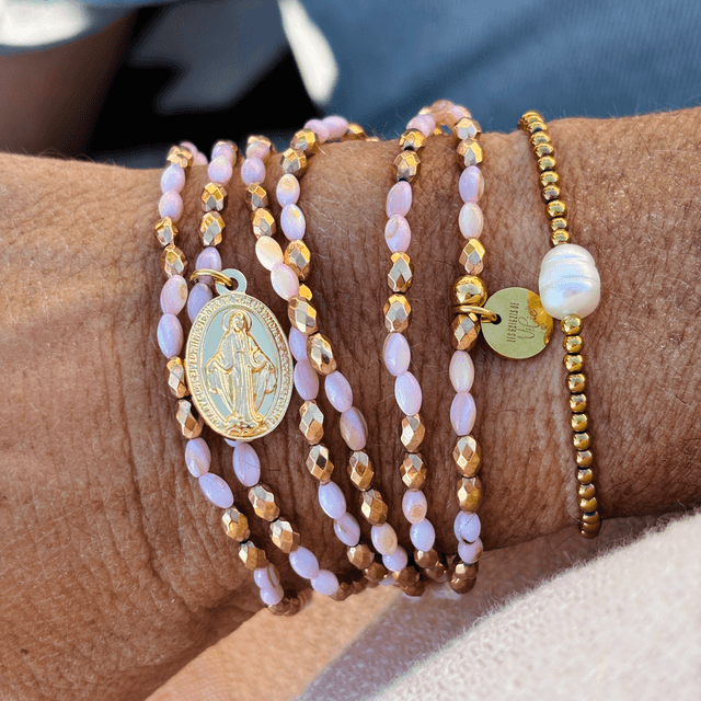 Bracelet 6 tours et Collier Médaille Miraculeuse - Nacre rose
