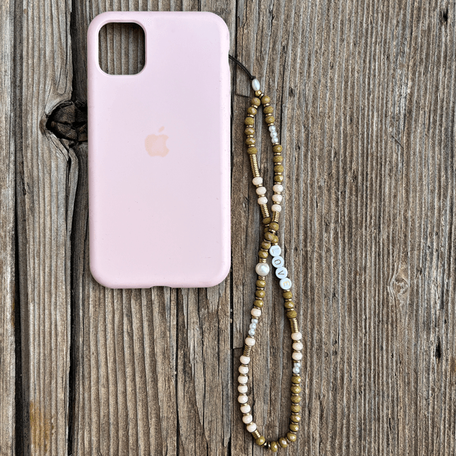 Grigri de téléphone Cristal kaki & beige rosé LOVE - Taille M