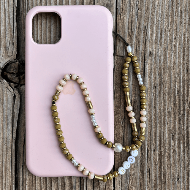 Grigri de téléphone Cristal kaki & beige rosé LOVE - Taille M