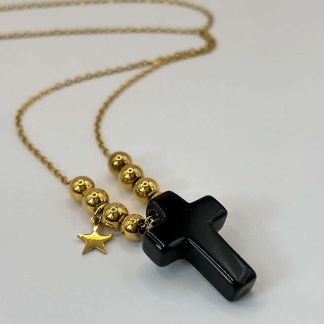 Sautoir Cross en pierre naturelle onyx