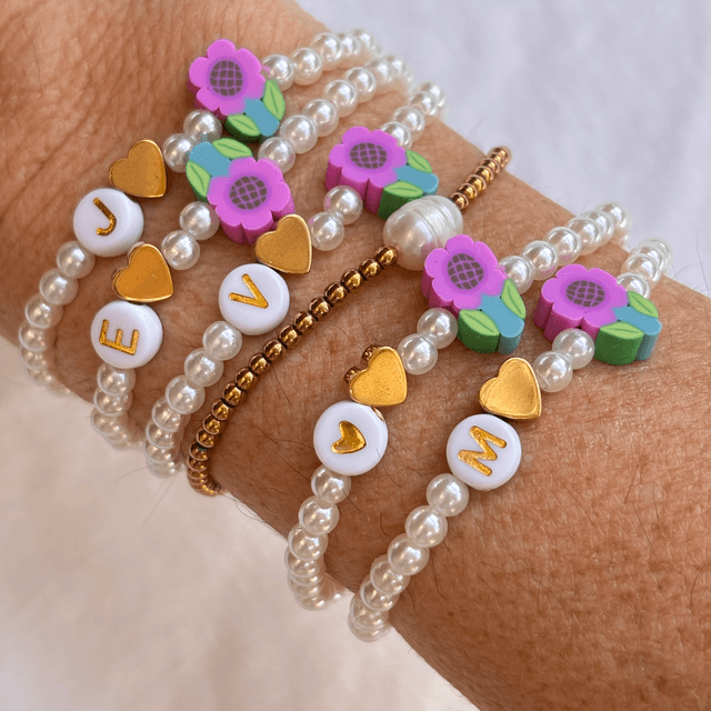 Bracelet Spring Personnalisable Coeur doré &amp; Fleur violette 