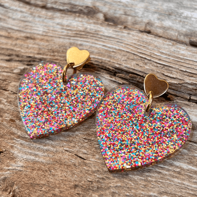 Boucles d’oreilles cœur pailleté multicolore - PM