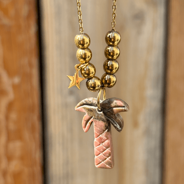 Sautoir Palmier en pierre naturelle Rhodochrosite
