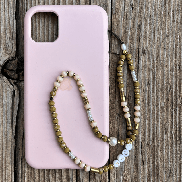 Grigri de téléphone Cristal kaki &amp; beige rosé LOVE - Taille M